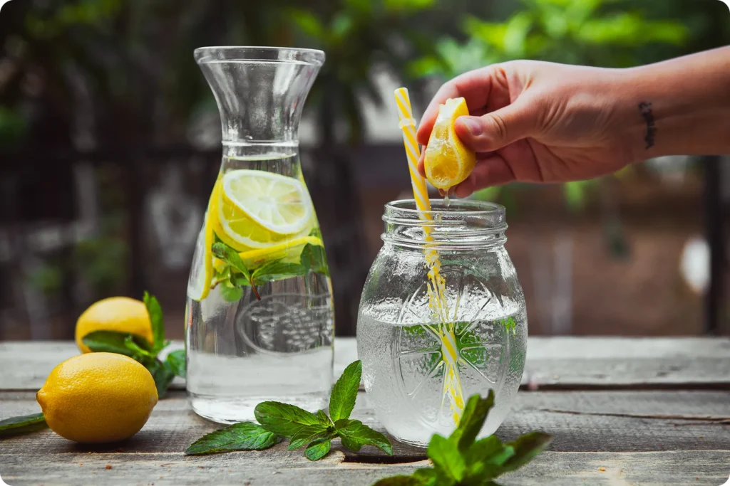 Glass of water and lemon emphasizing hydration and how to relieve constipation through natural stool softeners.
