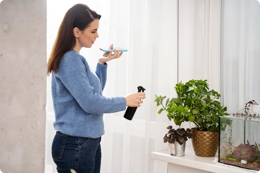 Expert answering homeowner’s questions about air purifier for allergies and air quality test kits.