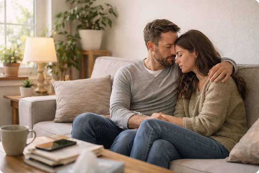 A couple sitting on the couch, comforting each other, with the wife feeling supported.