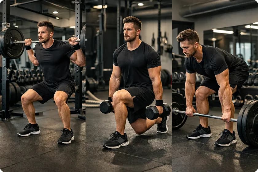 Man performing leg day exercises with weights to build leg muscle strength.