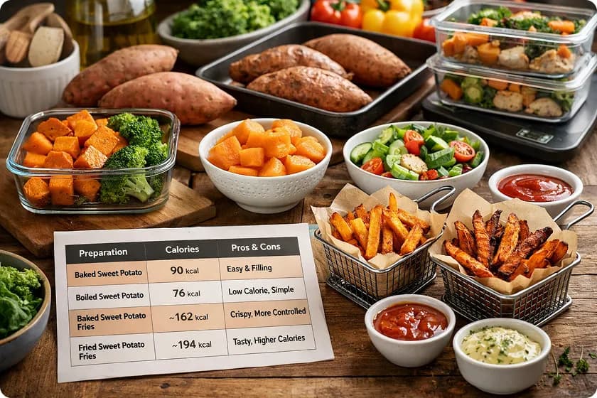 Sweet potato fries and salad with dipping sauces, offering healthy potatoes for weight loss.