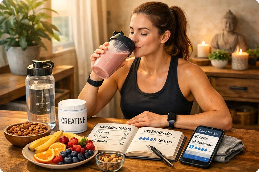 Fit woman drinking post-workout creatine shake, tracking supplement intake for best results.