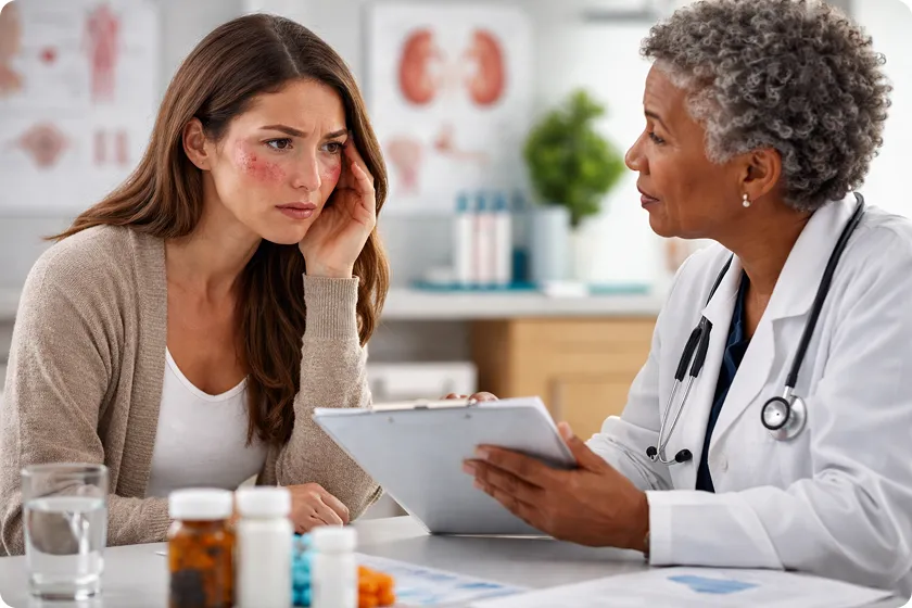 A patient discussing with her doctor about the autoimmune disease lupus, highlighting symptoms such as lupus skin disease, while contemplating if lupus can kill you.