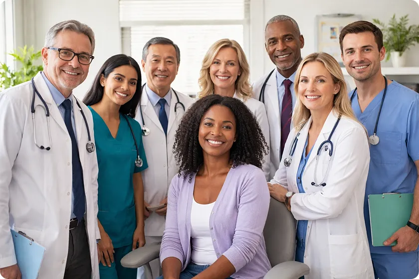 A diverse group of healthcare professionals smiling with a patient, showcasing the importance of building a supportive healthcare team for lupus management and treatment, emphasizing the collaborative care approach for autoimmune disease lupus.