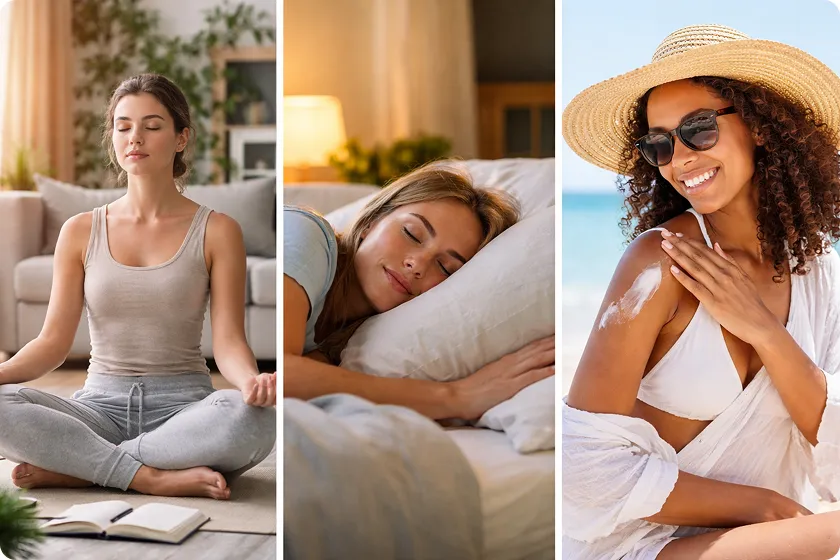 A woman practicing self-care with yoga, emphasizing the importance of stress management and self-care in reducing lupus flares and improving quality of life while living with lupus.