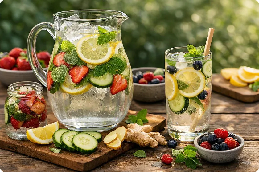Hydrating with infused water for a body detox and healthy colon.