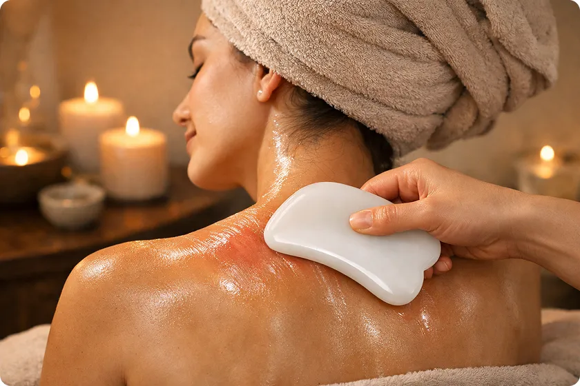 Woman receiving a relaxing back gua sha treatment with a white tool