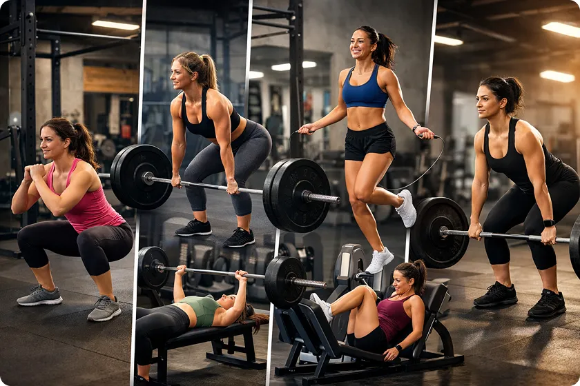 Female working out with dumbbells in a gym for a female fitness plan.