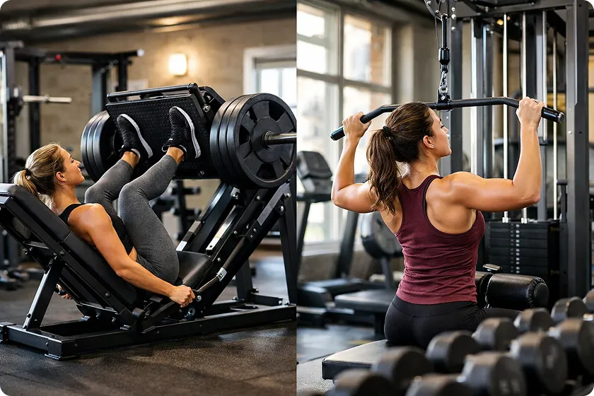 Gym workout routine for women with a woman using a lat pulldown machine for strength training.