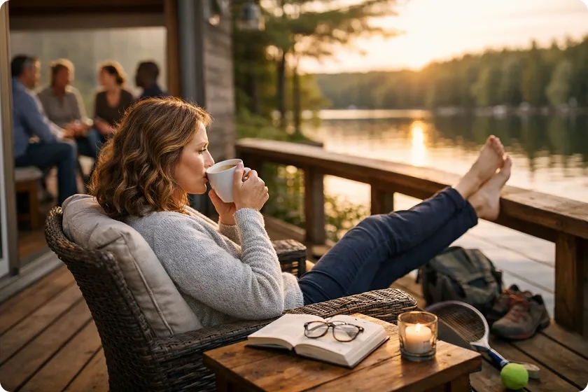 A woman enjoying a peaceful moment by the lake, finding comfort and calm.