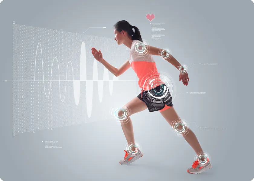 Woman running with joint markers, enhancing wellness with magnesium glycinate