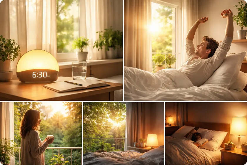 A peaceful morning with sunlight and a person stretching, promoting better sleep.