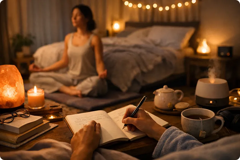 A cozy bedtime scene with soft lighting, perfect for improving deep sleep.