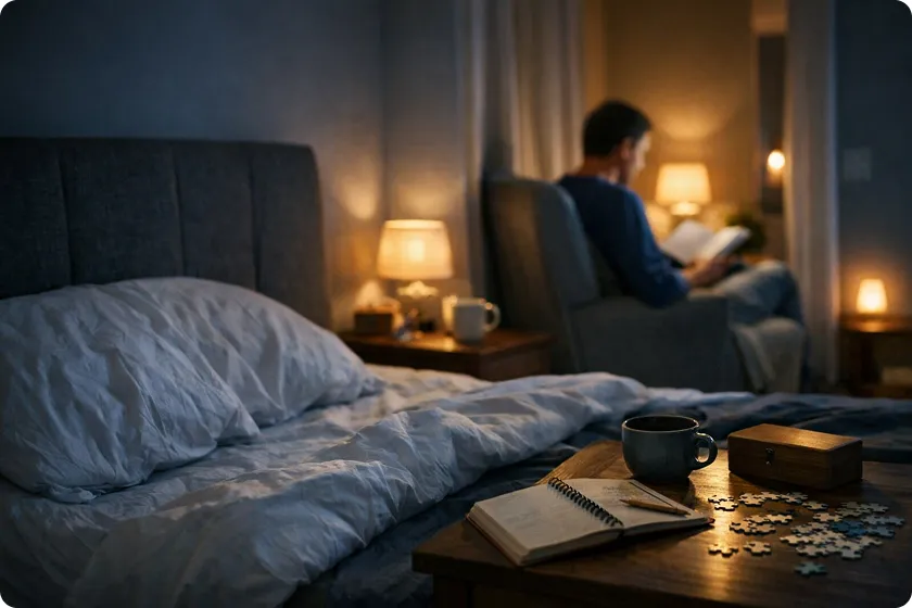 A relaxed bedtime with a cozy atmosphere, supporting a peaceful sleep routine."
Keywords: Secondary: methods to fall asleep quicker.