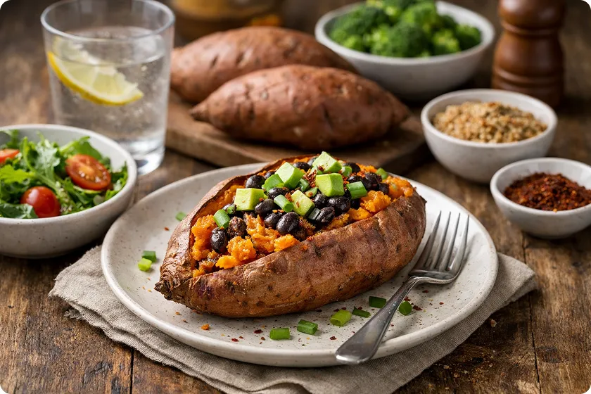 Baked sweet potato with black beans and greens, supporting sweet potato and weight loss.