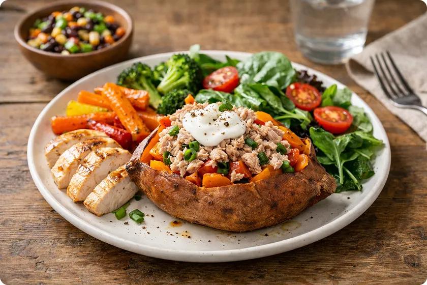 Sweet potato stuffed with vegetables and tuna, a healthy meal aiding sweet potato and weight loss.