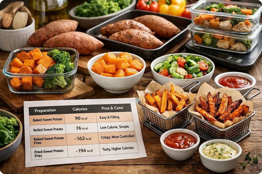 Sweet potato fries and salad with dipping sauces, offering healthy potatoes for weight loss.