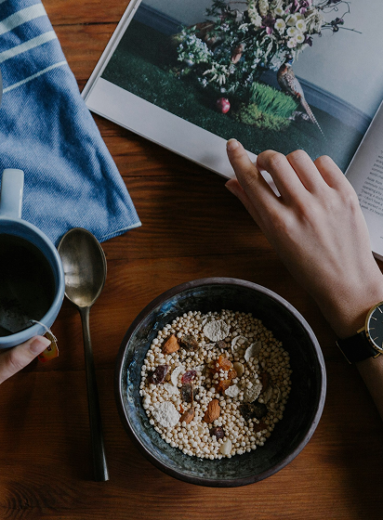 A vibrant morning scene showcasing a healthy morning routine with exercise, meditation, and a nutritious breakfast in a bright, modern setting.