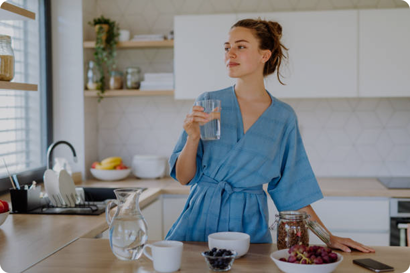 A vibrant morning scene showcasing a healthy morning routine with exercise, meditation, and a nutritious breakfast in a bright, modern setting.