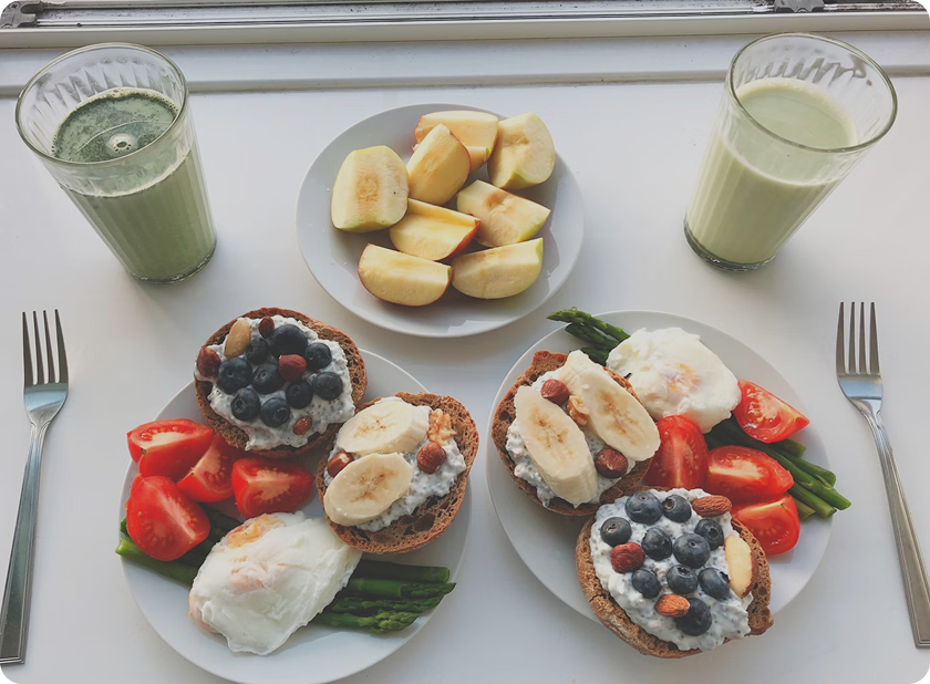 A vibrant morning scene showcasing a healthy morning routine with exercise, meditation, and a nutritious breakfast in a bright, modern setting.
