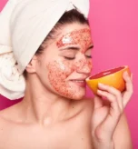 Natural products with ceramides and hyaluronic acid hydration on the counter.