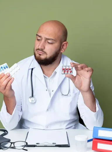 A doctor holding two pill containers while considering the impact of lupus treatments, symbolizing the complexity of managing azithromycin side effects.