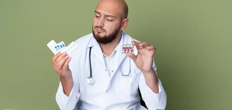 A doctor holding two pill containers while considering the impact of lupus treatments, symbolizing the complexity of managing azithromycin side effects.