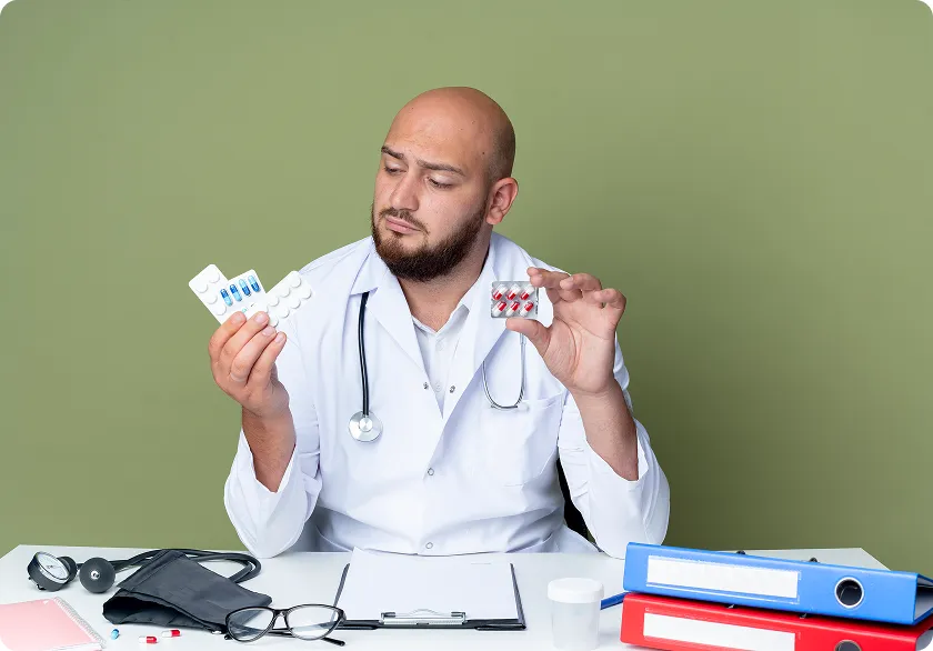 A doctor holding two pill containers while considering the impact of lupus treatments, symbolizing the complexity of managing azithromycin side effects.