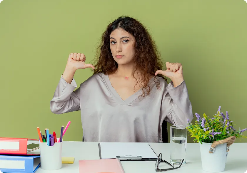 A woman showing a narcissist characteristic of self-centeredness, with a proud expression, indicating a desire for constant attention and admiration.