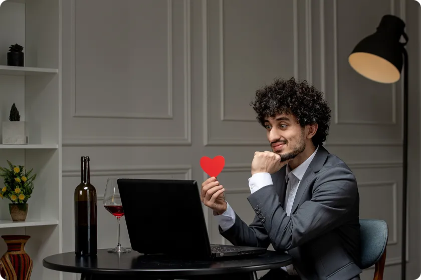 A man looking at his laptop, holding a heart in his hand, symbolizing a narcissist characteristic of self-love and admiration for oneself over others.