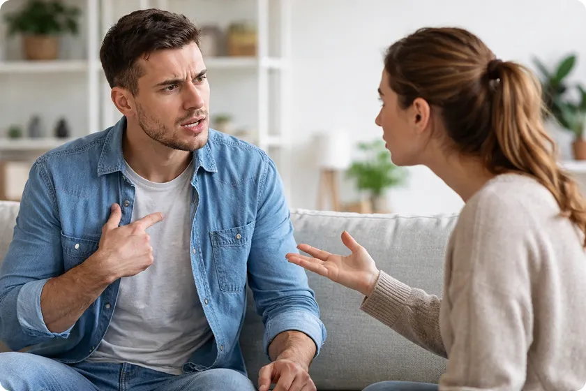 Two people engaged in a serious conversation, with one person showing a narcissistic trait of dominance and control, refusing to acknowledge the other’s feelings.