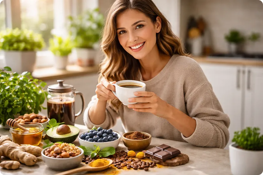 Woman enjoying a cup of coffee with healthy food, highlighting black coffee's health benefits.