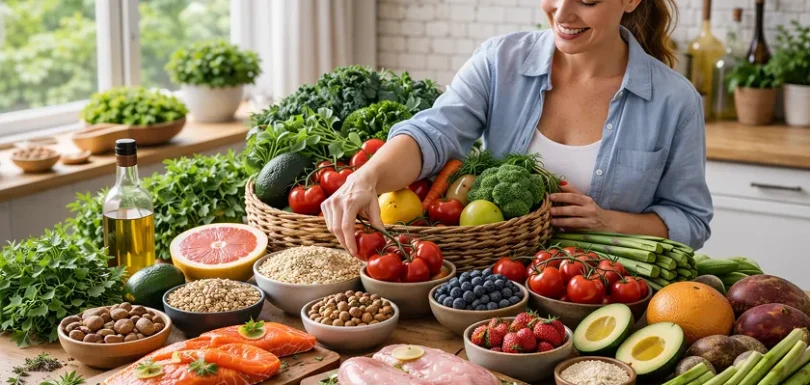 Healthy grocery list with a woman preparing clean eating meals using a variety of single ingredient foods.