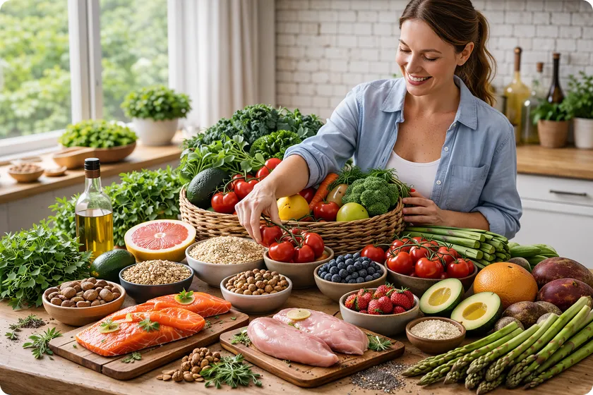 Healthy grocery list with a woman preparing clean eating meals using a variety of single ingredient foods.