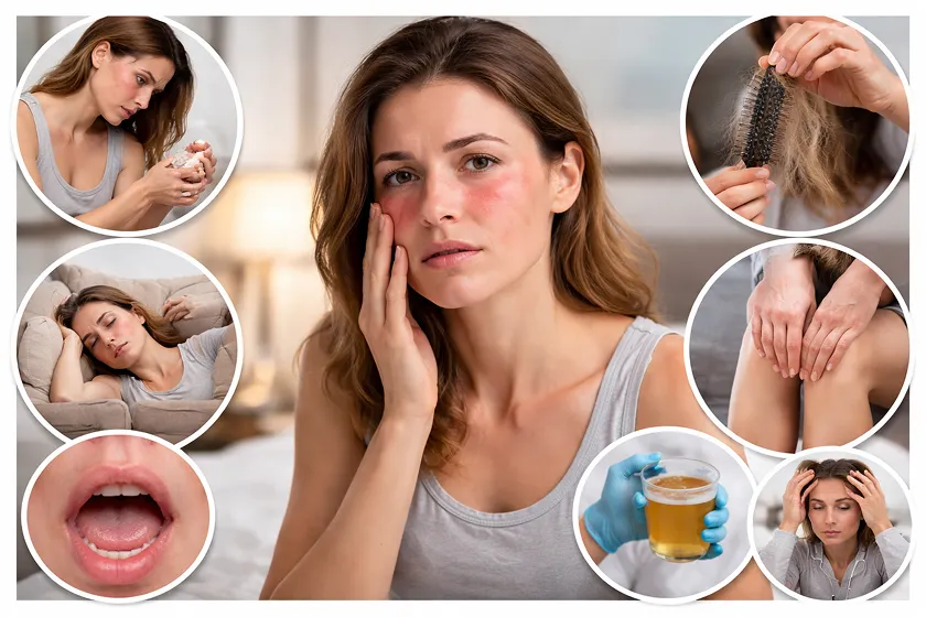 A woman experiencing various lupus symptoms like fatigue and hair loss, illustrating the struggles of living with lupus, an autoimmune disease, and its potential risks, including lupus nephritis stages.