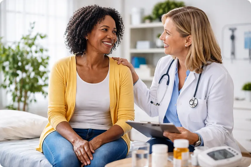A doctor and patient discussing lupus care, focusing on the challenges of living with lupus and the possible complications, such as lupus skin disease and lupus cancer.