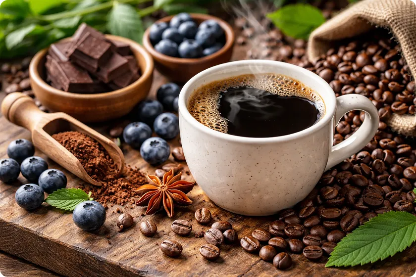 Freshly brewed black coffee surrounded by nutritious ingredients, showcasing black coffee nutrition.