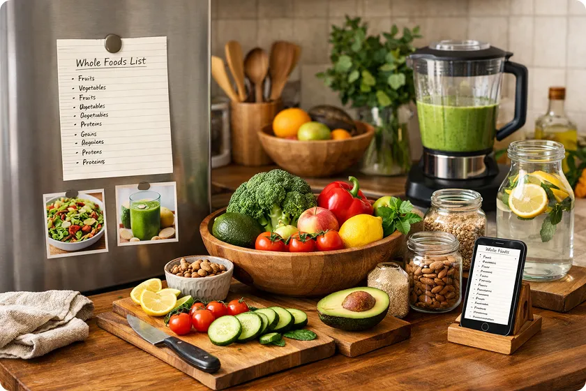 A whole foods list on the fridge with fresh fruits, vegetables, and healthy ingredients for a clean eating lifestyle.
