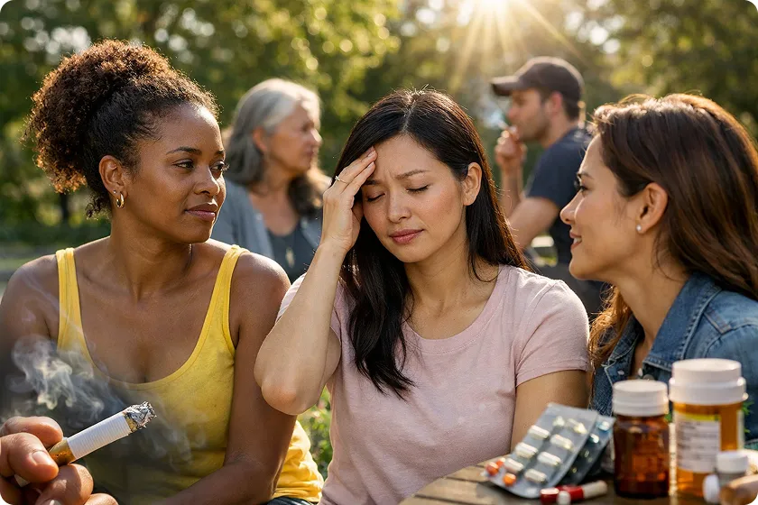 A group of friends outdoors, with one showing signs of stress, possibly related to living with lupus. This image emphasizes the need for awareness of the risks associated with lupus, including lupus nephritis and its potential impact on health.