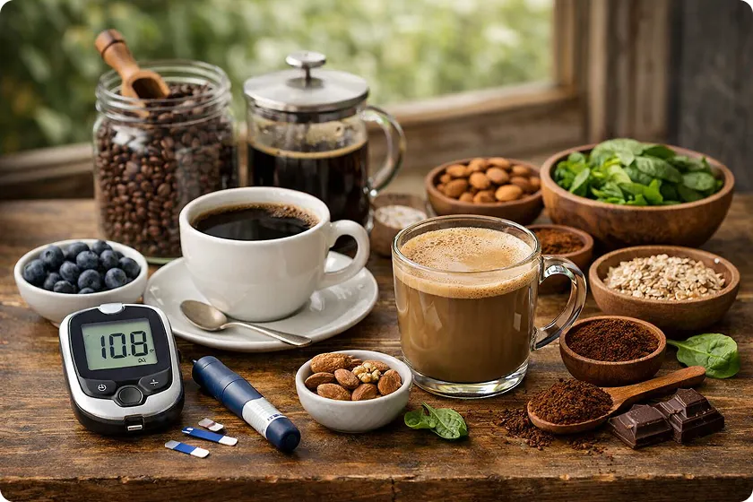 Coffee cup with chocolate, nuts, and berries, highlighting black coffee health benefits.