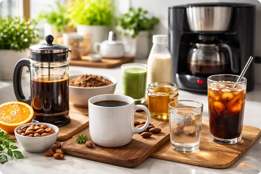 Coffee with nutritious foods and a blood glucose meter, illustrating coffee's impact on health.