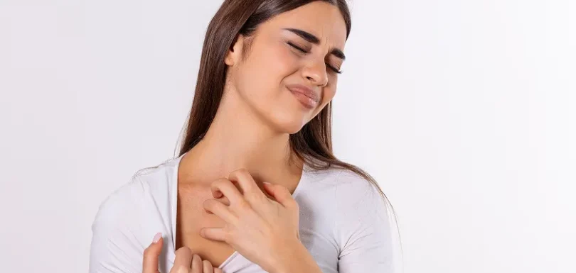 Skin allergy overview showing common rash on neck and facial irritation.