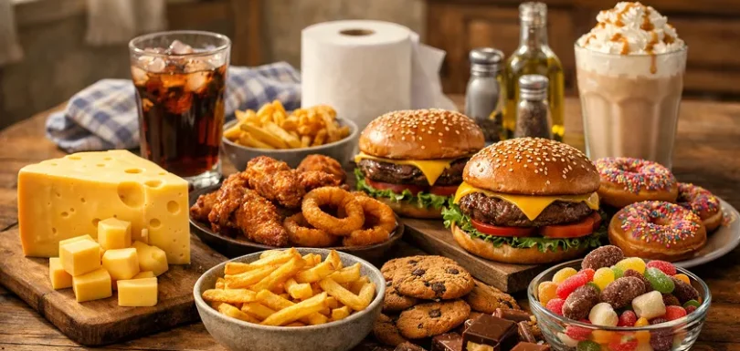 Cheese, burgers, and fries are common low fiber foods that cause constipation.