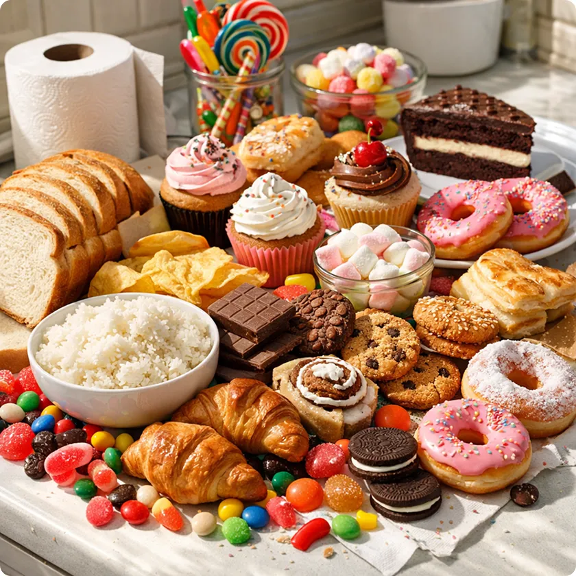 Candy, bread, and sugary treats may contribute to constipation due to low fiber intake.