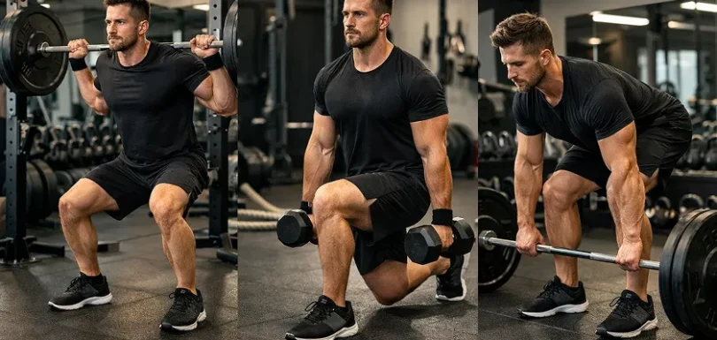 Man performing leg day exercises with weights to build leg muscle strength.
