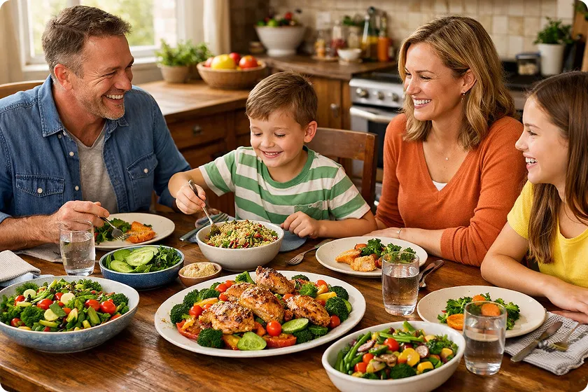 Family enjoying a healthy dinner with grilled chicken, veggies, and quinoa.