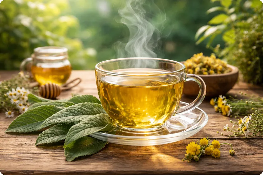 Steaming cup of mullein tea with leaves, highlighting mullein tea benefits.