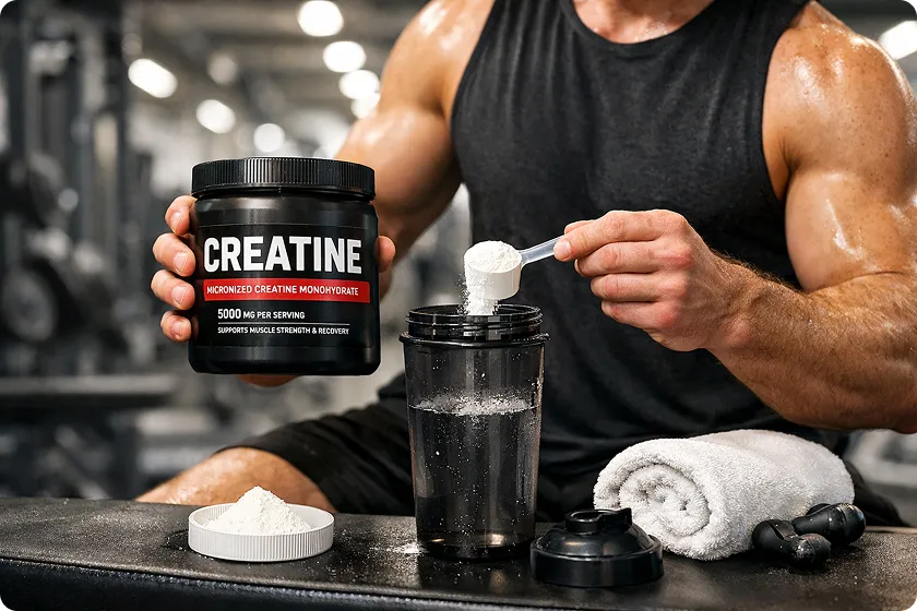 Man adding creatine to shaker bottle in gym, emphasizing the best time to take creatine.