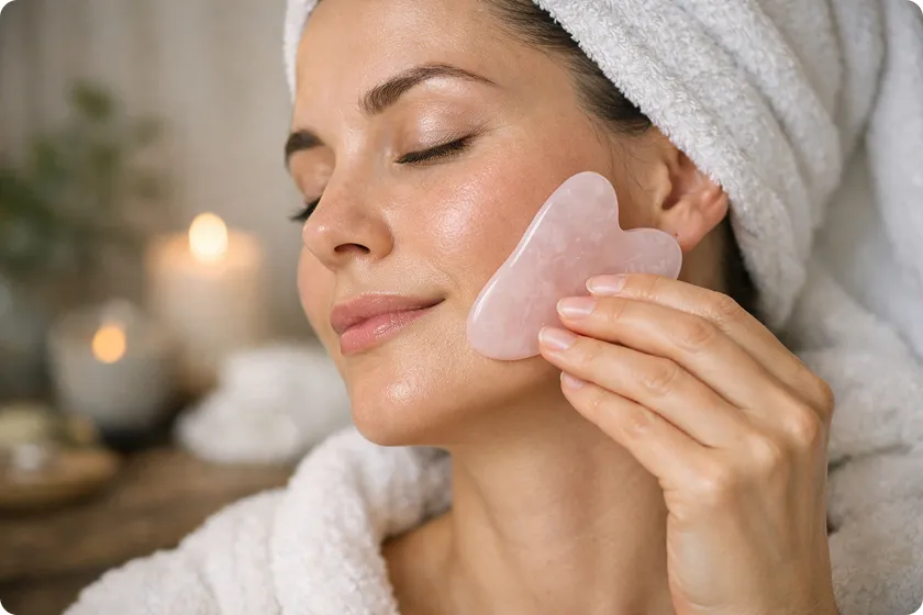 Woman using a facial gua sha tool for skin relaxation. gua sha benefits