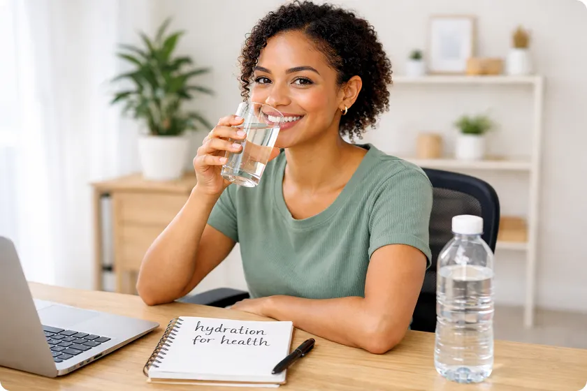 Person drinking water, emphasizing hydration for health with a water bottle and hydration journal. Secondary keyword: How much water should you drink per day.